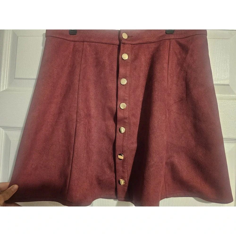 NWT Women's XL Burgundy Maroon A-Line Mini Skirt High Waist Gold Button Front